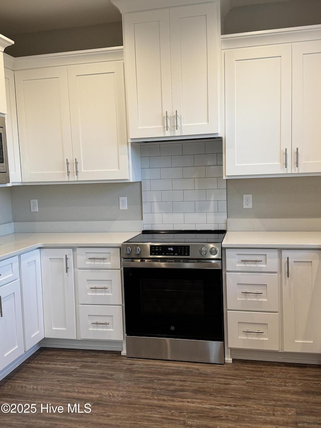 kitchen with white cabinetry, stainless steel stove, and decorative backsplash