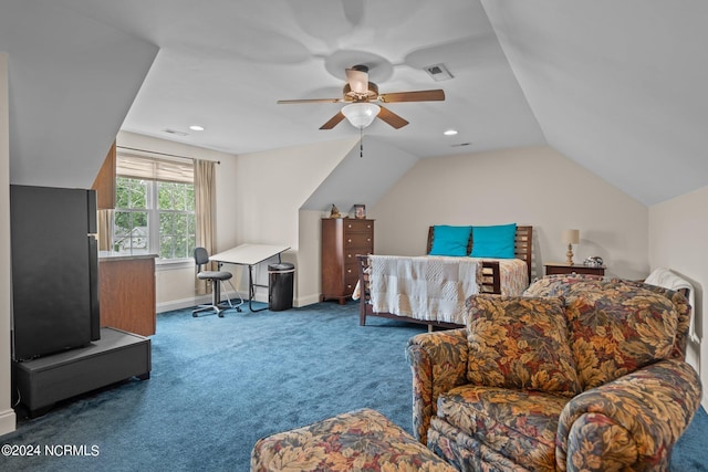 bedroom featuring ceiling fan, carpet floors, and lofted ceiling