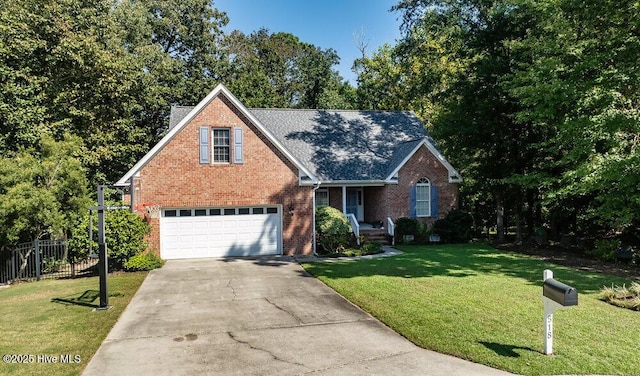 view of front facade featuring a front yard and a garage