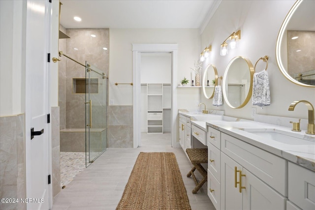 bathroom featuring vanity and walk in shower