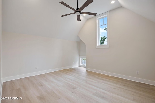 bonus room featuring lofted ceiling, ceiling fan, and light hardwood / wood-style flooring