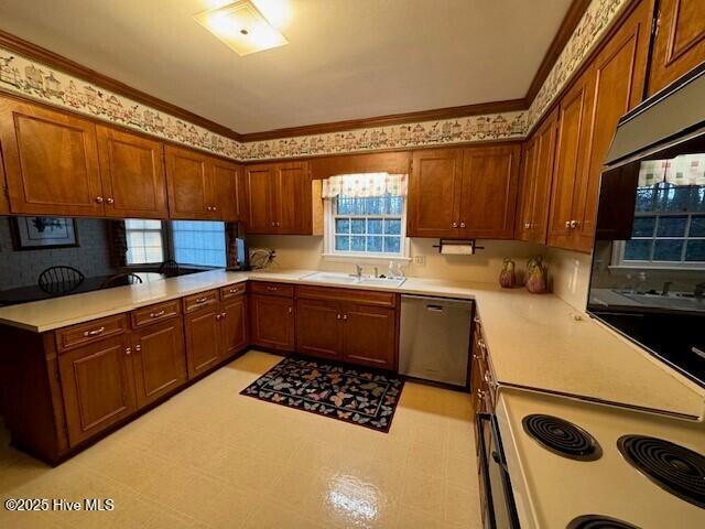 kitchen featuring wall oven, crown molding, sink, electric stove, and dishwasher