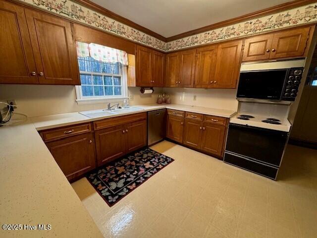 kitchen with dishwasher, electric stove, crown molding, and sink