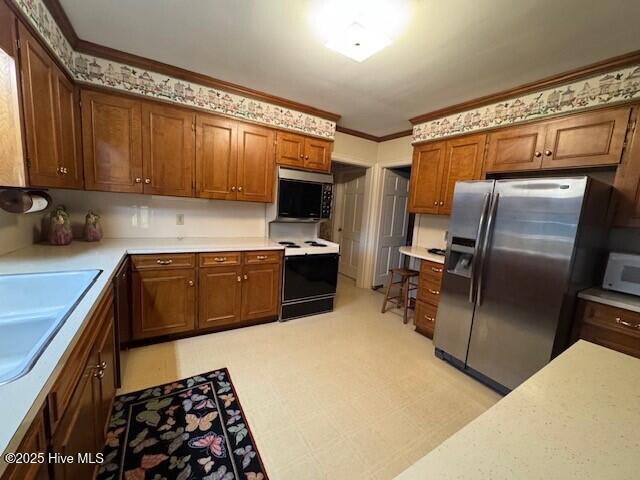 kitchen with sink, crown molding, and stainless steel appliances