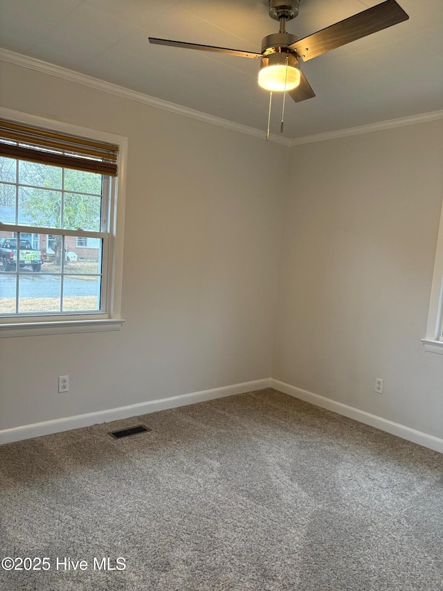 unfurnished room with carpet, ceiling fan, and crown molding