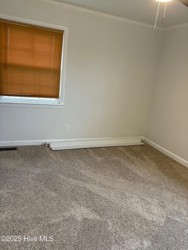 carpeted spare room featuring crown molding