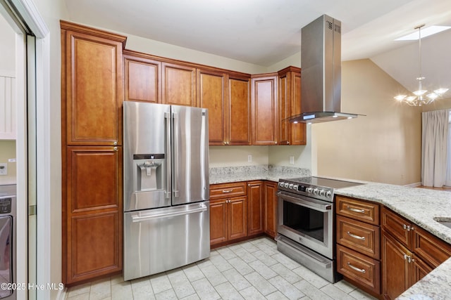 kitchen featuring light stone countertops, a chandelier, island exhaust hood, and stainless steel appliances