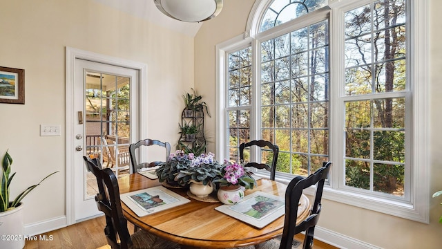 dining space with lofted ceiling, light hardwood / wood-style flooring, and a wealth of natural light