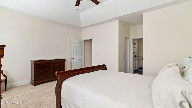 bedroom with light colored carpet and ceiling fan