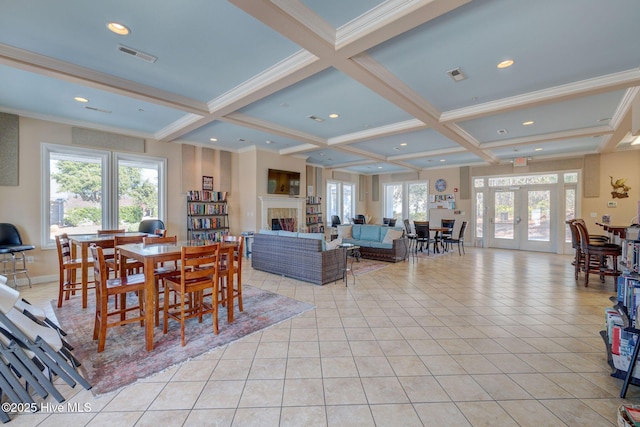 tiled dining space featuring ornamental molding, coffered ceiling, beam ceiling, and french doors