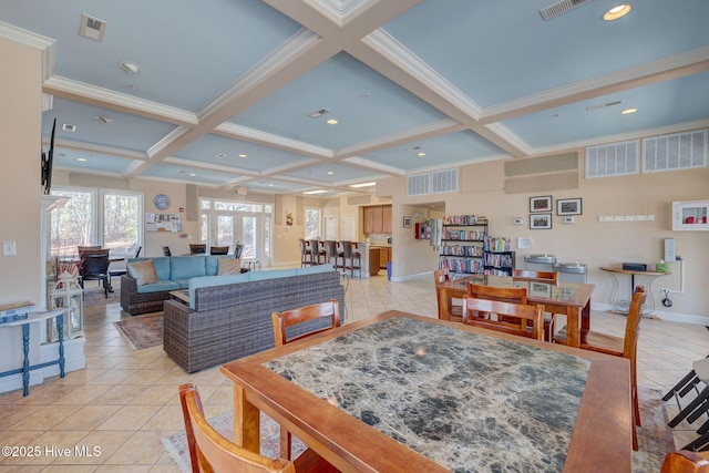 interior space with coffered ceiling, beam ceiling, and ornamental molding