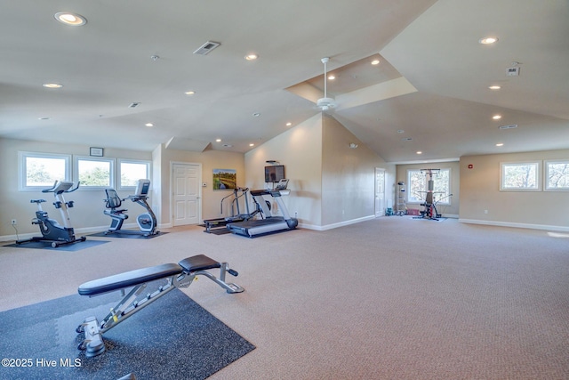 workout area with lofted ceiling and carpet flooring