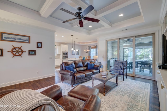 living room featuring coffered ceiling, crown molding, dark hardwood / wood-style floors, and beamed ceiling