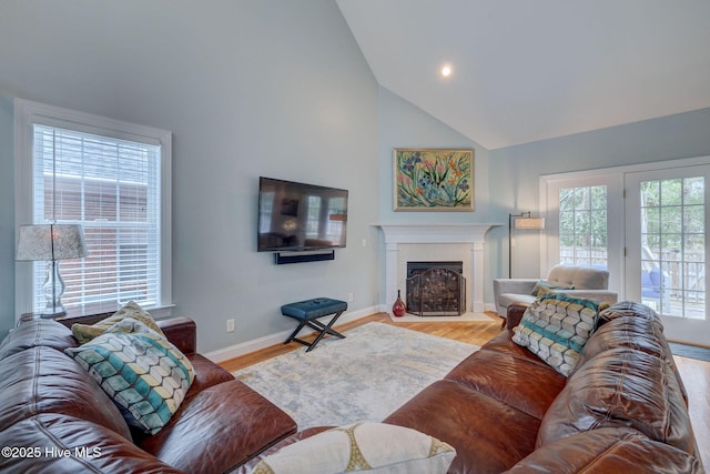 living room with light hardwood / wood-style floors and high vaulted ceiling