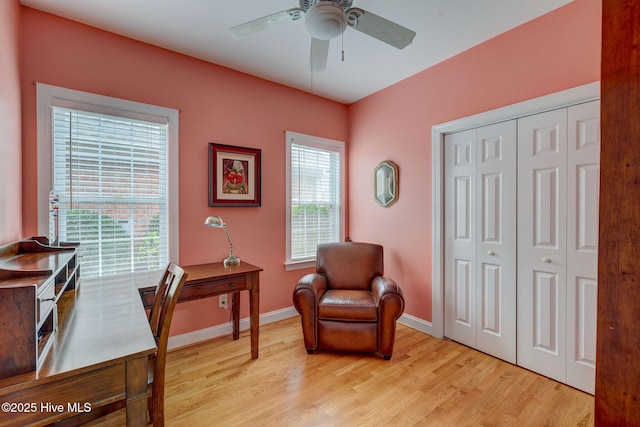 office space featuring light hardwood / wood-style flooring and ceiling fan