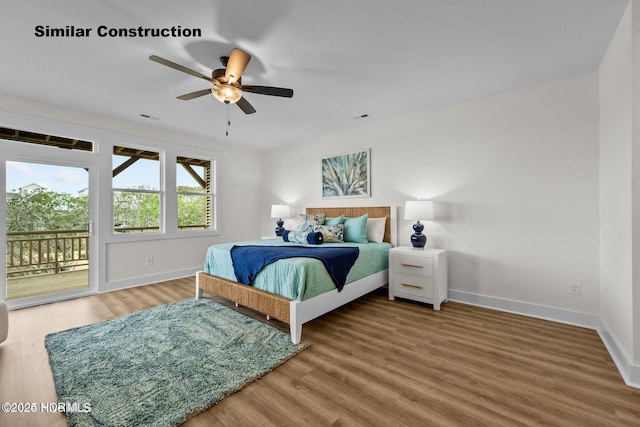 bedroom with access to outside, ceiling fan, and wood-type flooring