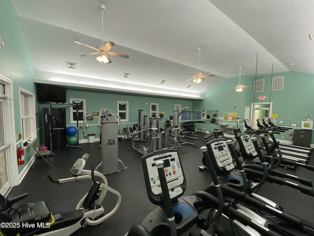 workout area with vaulted ceiling and ceiling fan