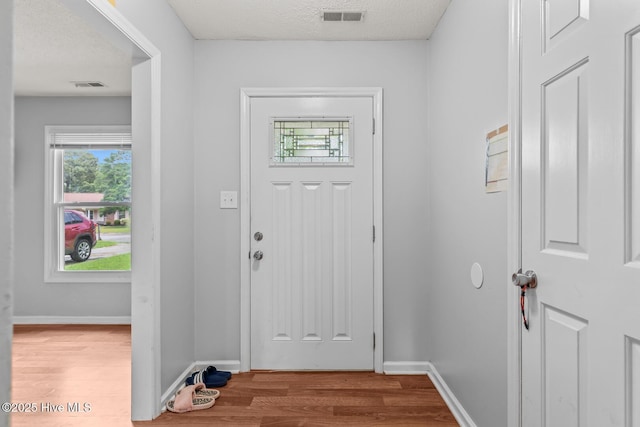 entryway featuring wood-type flooring and a textured ceiling