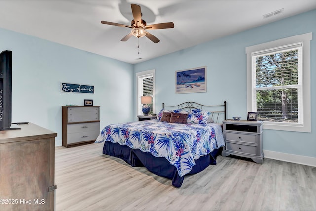 bedroom featuring ceiling fan and light hardwood / wood-style flooring