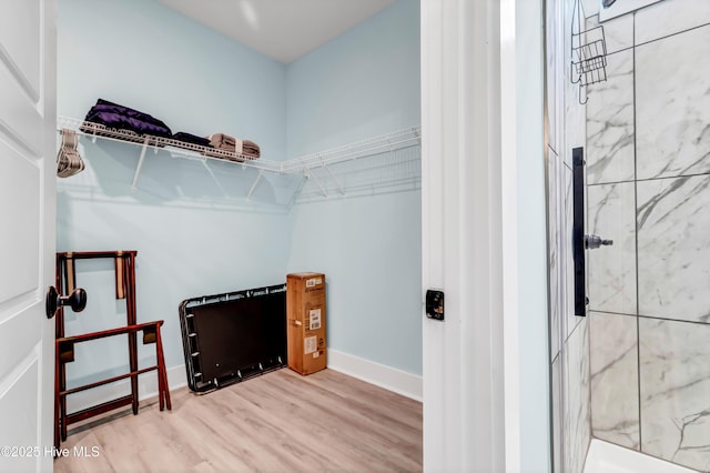 walk in closet with wood-type flooring