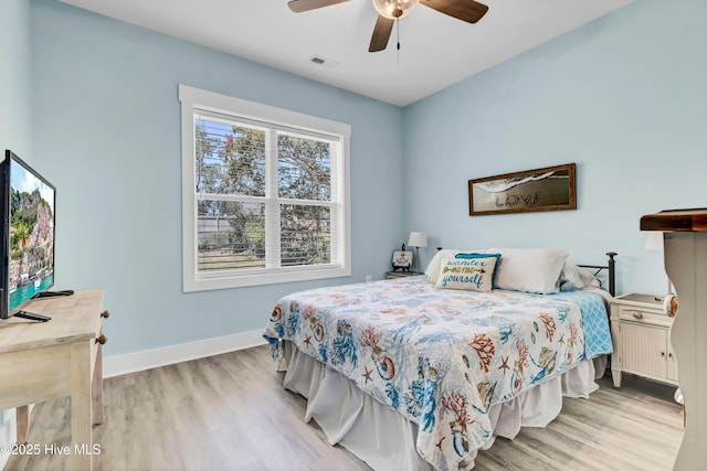 bedroom with ceiling fan and light wood-type flooring