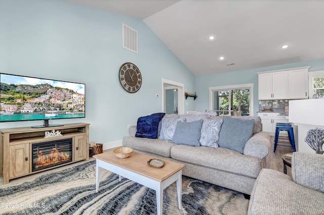 living room with wood-type flooring and lofted ceiling