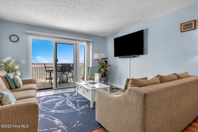 living room with a textured ceiling