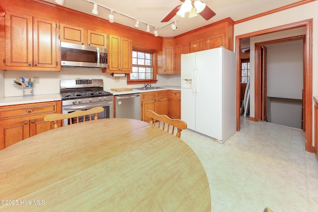 kitchen featuring stainless steel appliances, ceiling fan, and sink