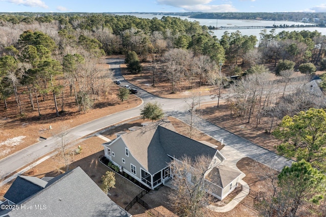 drone / aerial view featuring a water view