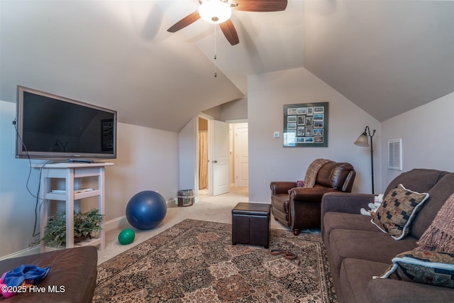 workout area with carpet, vaulted ceiling, and ceiling fan