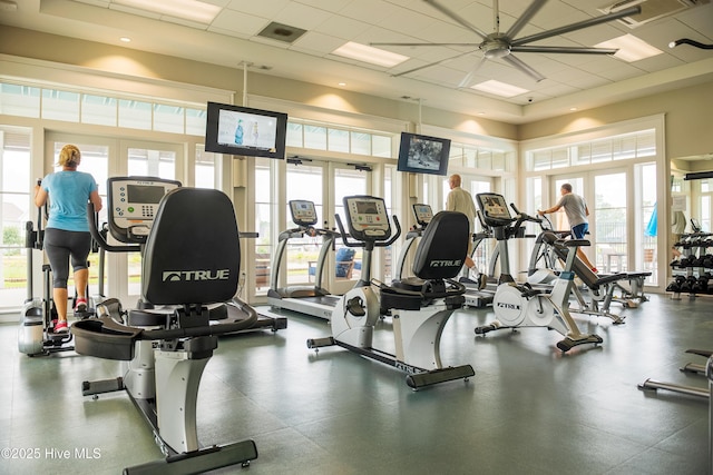 workout area with a paneled ceiling, french doors, and plenty of natural light