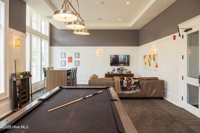 rec room featuring pool table and wainscoting