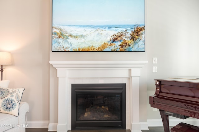 room details featuring a fireplace and baseboards