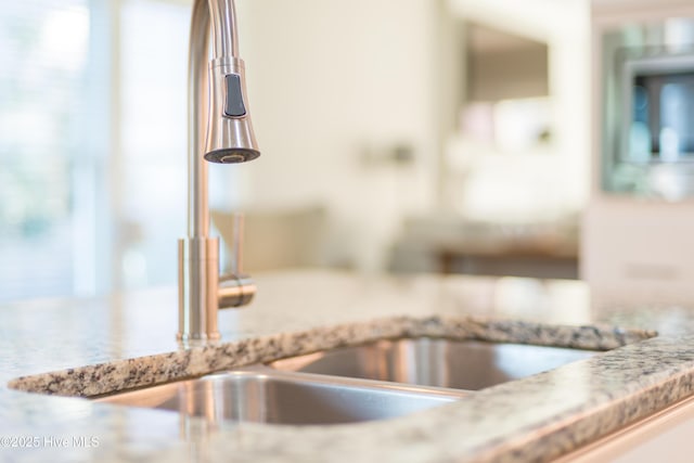 details featuring light stone countertops and a sink