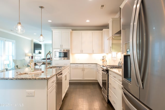 kitchen with dark wood-type flooring, a sink, white cabinetry, ornamental molding, and appliances with stainless steel finishes