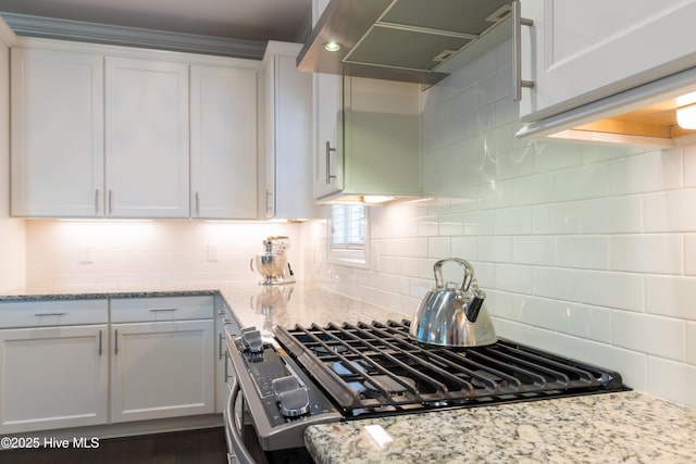 kitchen featuring tasteful backsplash, white cabinets, under cabinet range hood, and light stone countertops