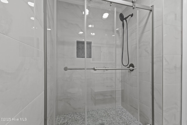 bathroom featuring a shower with shower door