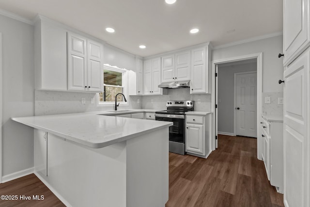 kitchen featuring kitchen peninsula, sink, white cabinetry, and stainless steel electric range