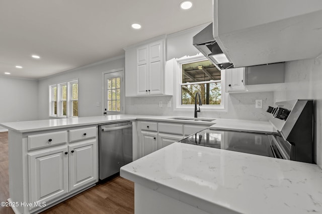 kitchen featuring white cabinetry, sink, stainless steel dishwasher, kitchen peninsula, and crown molding