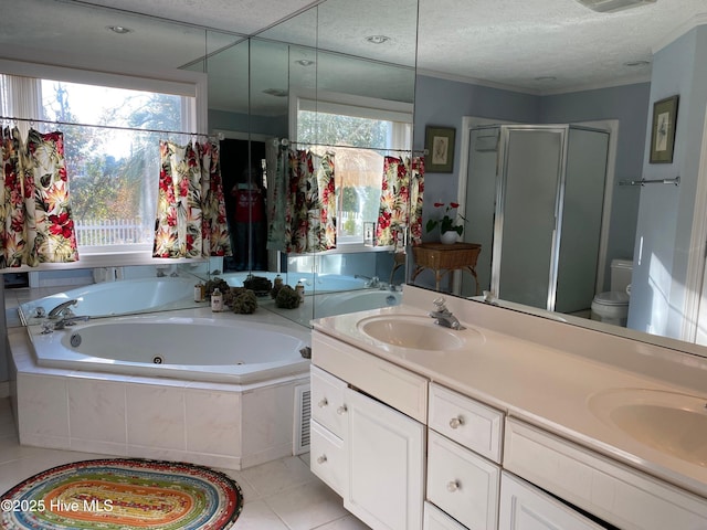 full bathroom with vanity, plus walk in shower, tile patterned flooring, toilet, and a textured ceiling