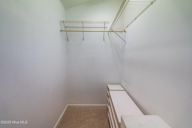 walk in closet with carpet floors and vaulted ceiling