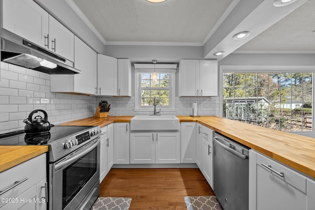 kitchen with sink, white cabinetry, appliances with stainless steel finishes, and wooden counters