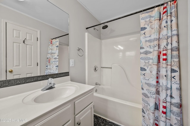 bathroom featuring ornamental molding, vanity, and shower / tub combo with curtain