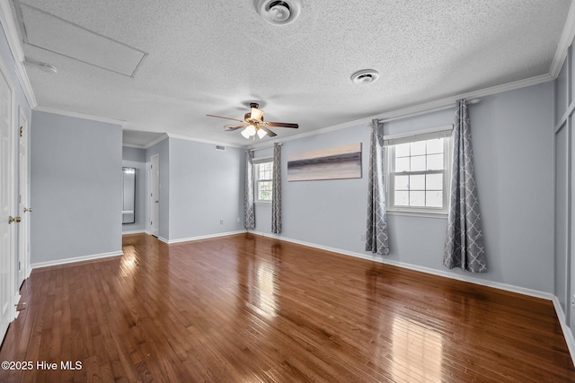 unfurnished room featuring hardwood / wood-style flooring, ornamental molding, and ceiling fan