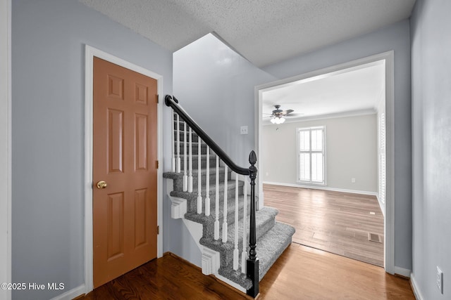 foyer entrance featuring ceiling fan, wood-type flooring, and a textured ceiling