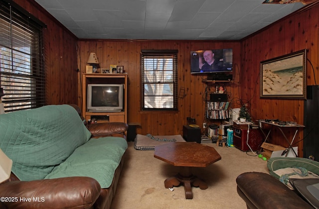 carpeted living room with wood walls