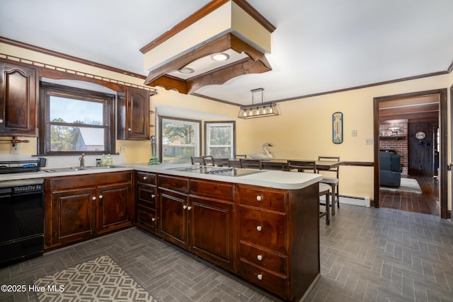 kitchen featuring kitchen peninsula, black dishwasher, hanging light fixtures, and sink