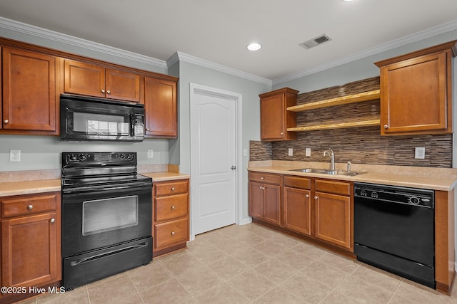 kitchen with black appliances, crown molding, light tile patterned floors, sink, and tasteful backsplash