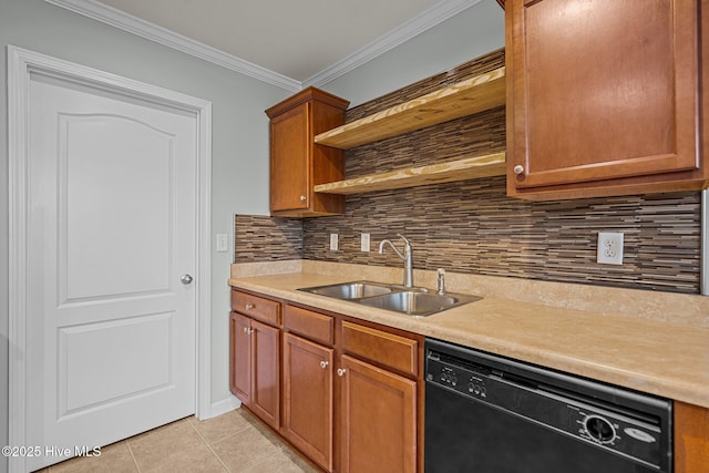 kitchen with light tile patterned floors, decorative backsplash, ornamental molding, black dishwasher, and sink