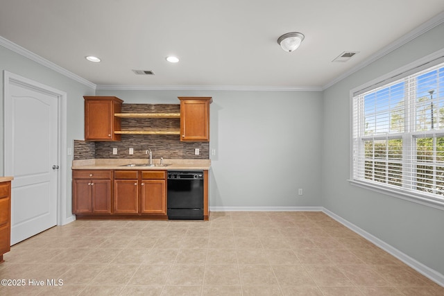 kitchen with sink, black dishwasher, ornamental molding, light tile patterned floors, and backsplash